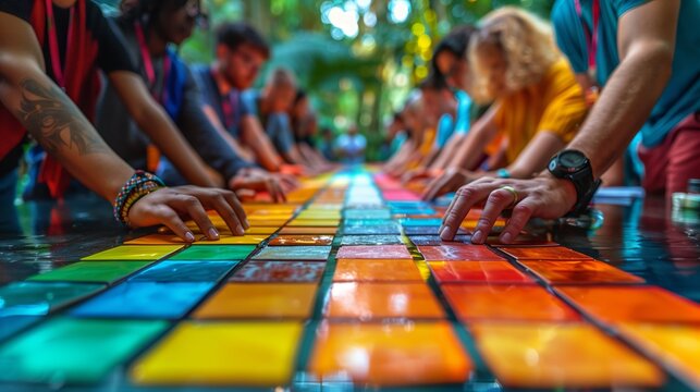 Diverse Team Collaborating on Colorful Mosaic. Diverse team collaborating on a colorful mosaic, symbolizing teamwork, creativity, and unity in a vibrant and collaborative project.