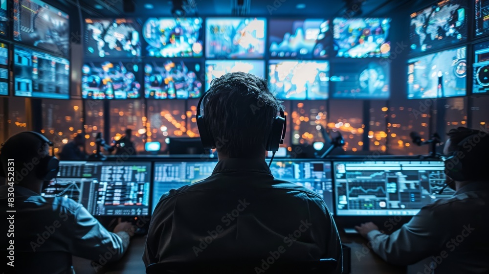 Poster command center monitoring multiple screens. operators in a command center monitor multiple screens d