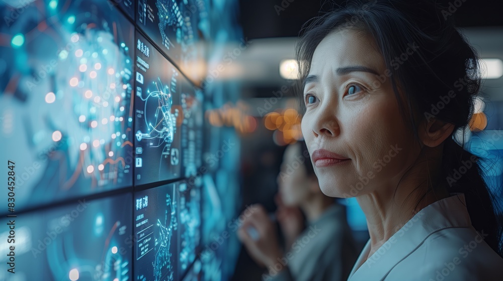 Poster woman analyzing data on high-tech screens. woman closely examines data on multiple high-tech screens