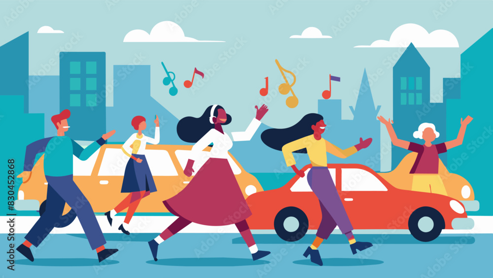 Poster beeps and honks of passing cars merge into the rhythm of the community dance flash mob creating a sy