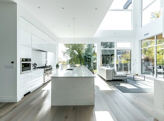 White modern kitchen with island, high ceilings and a large window looking out to the backyard of an upper third story luxury home in Canada