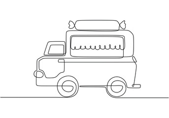 Single one line drawing Food trucks. Restaurant on wheels. Vans for street food selling Car concept.
