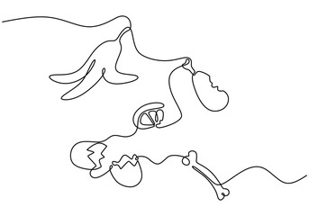 banana peel, Fishbone and leftover fruit and vegetables in continuous line art drawing style.