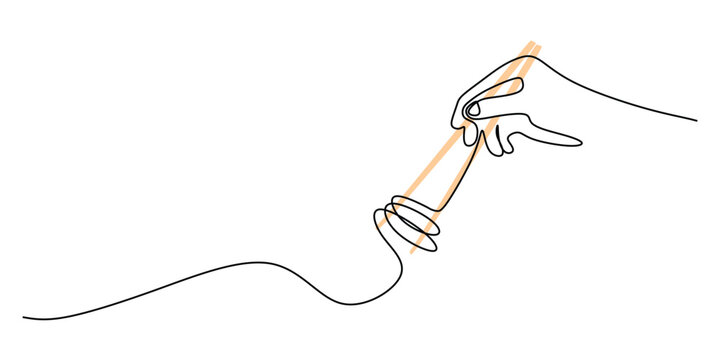 recommend clip art: Hand hold chopstick and noodle in continuous line art drawing style isolated on white background.