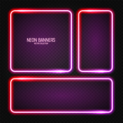 Glowing neon banners, illuminated colorful square frames. Shiny vibrant border, glow effect. Red vintage retro lights, night illumination. Modern futuristic UI design elements. Vector illustration