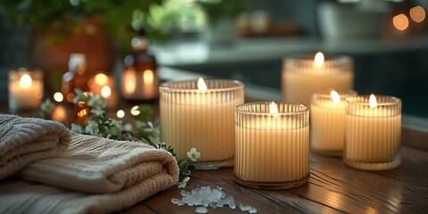 Spa candles and towels for relaxation. Cozy spa arrangement with lit candles, fluffy towels, and delicate flowers, creating a calming ambiance for relaxation. - Powered by Adobe