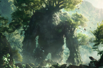 Majestic Forest Guardian: A Serene Giant Amidst Lush Greenery with Nature's Harmony
