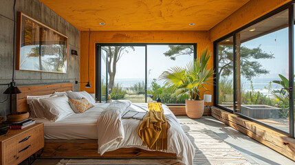 Minimalist yellow shade bedroom of a villa resort by tropical beach