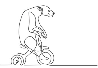 Continuous one line drawing of trained big bear playing a bicycle around the track in circus arena.