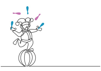 Clown on ball juggling with circus stick use hand standing in continuous line art drawing style.