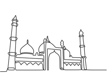 Big mosque tower in one continuous single line art drawing style. Ramadan kareem concept vector.