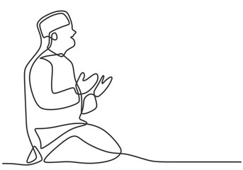 Muslim man sit and pray in one continuous single line art drawing style. Islamic concept vector.