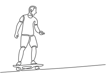 Young man ride skateboard in one continuous single line art style. Adventure traveling outdoor sport