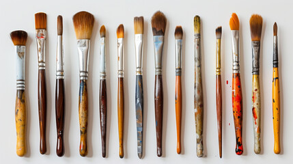 A row of old paint brushes with some of them being dirty