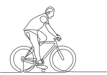 Fototapeta premium Man ride bicycle in one continuous single line art drawing style. Adventure traveling outdoor sport.