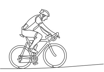 Obraz premium Man ride bicycle in one continuous single line art drawing style. Adventure traveling outdoor sport.
