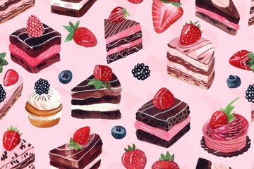 Gouache texture of dessert strawberry raspberry pattern.