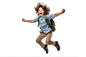 Young school child jumping shouting white background.