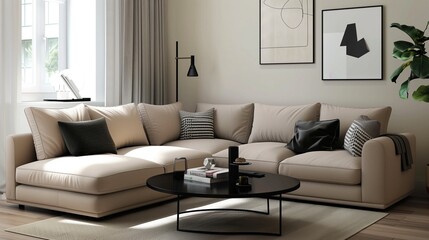 Minimalist Living Room with Beige Sofa and Black Coffee Table in Modern Home