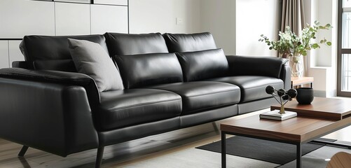 Minimalist Living Room with Black Leather Sofa and Wooden Coffee Table in Contemporary Home