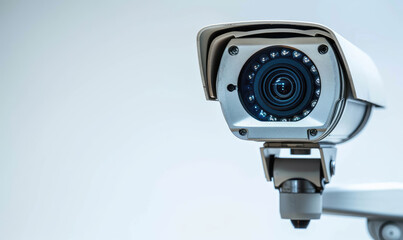 Modern surveillance camera on light background
