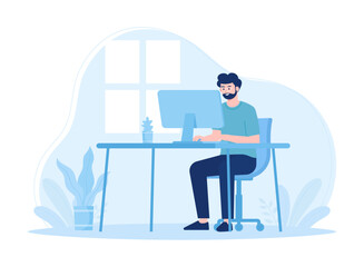 Man with computer is working in the study concept flat illustration