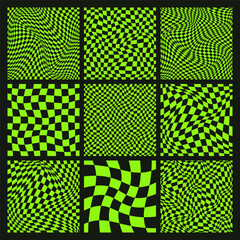 Trendy checkered pattern, black and green distorted tiled grid. Wavy curved backdrop, distortion effect. Funky geometric chessboard texture, retro background in 90s style, y2k. Vector illustration