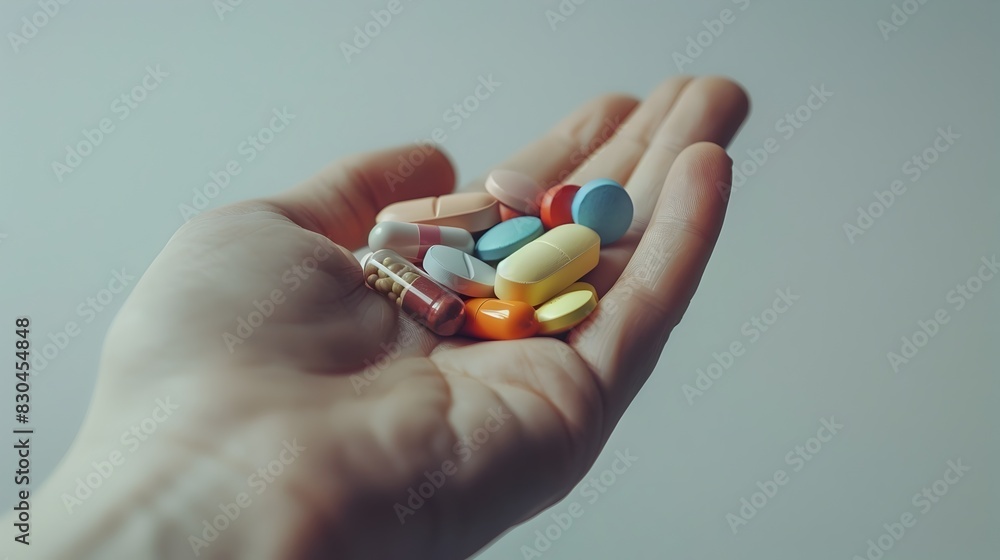 Wall mural assortment of prescription medications and dietary supplements in human palm for wellness and health