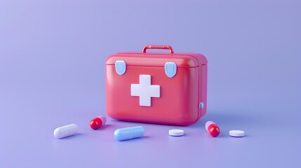 Obraz premium Pink First Aid Kit with Medication and Pills on Pastel Background
