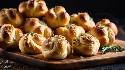 Elegant Wooden Cutting Board Displaying Freshly Baked Sourdough Rolls Against a Dark Background