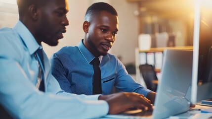 Businessmen Collaborating on Laptop in Modern Office Environment