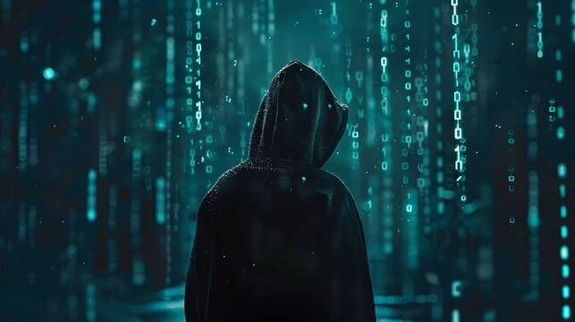 Hooded Figure in a Digital World of Futuristic Matrix Codes and Cyber Technology
