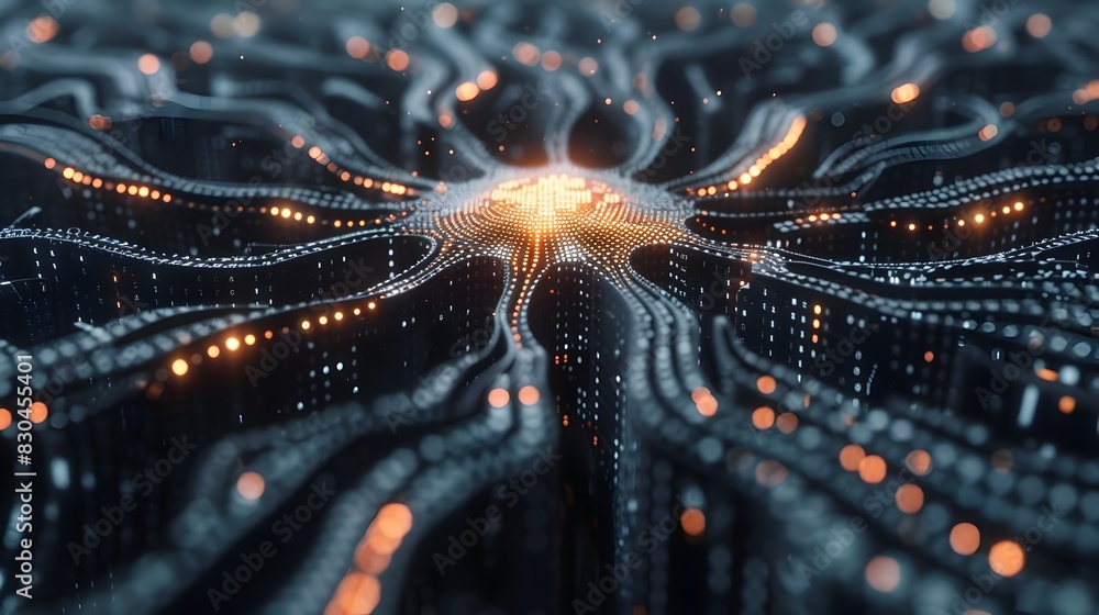 Poster glowing digital particles forming intricate neural network patterns in futuristic landscape