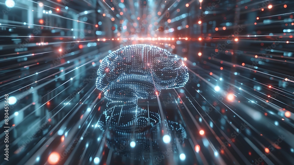 Poster futuristic digital brain synapse connections and neural network visualization in glowing technologic