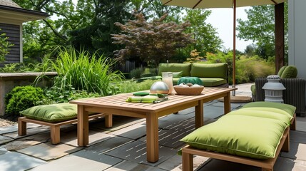 Fototapeta premium Simple Outdoor Patio with Wooden Table and Green Cushions in Relaxing Setting