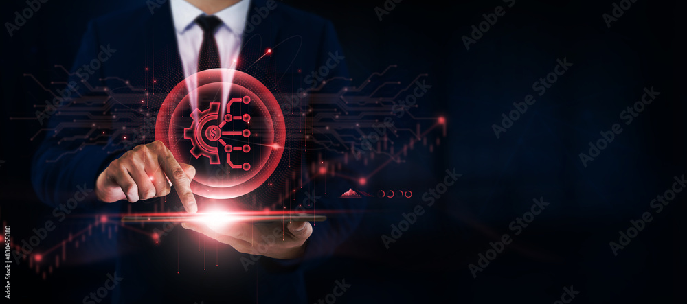 Poster fintech businessman uses tablet and digital networking interface on fintech icon on cutting-edge, fi
