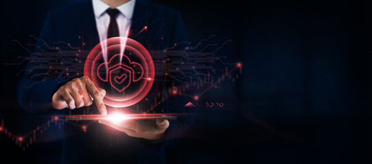 Cloud Security Businessman Uses Tablet and Digital Networking Interface on Secure Cloud Icon on...