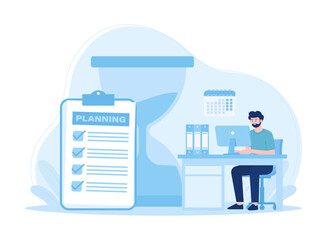 Time management  man sitting with computer working with business plan concept flat illustration