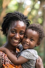 Fototapeta premium A woman is holding a baby and smiling