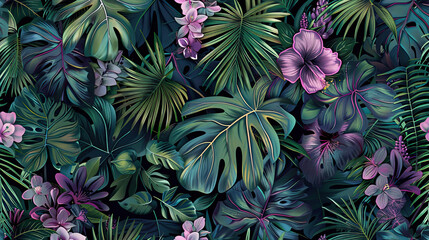 Tropical Floral Pattern with Palm Leaves and Flowers generated with AI