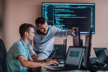 Programmers engrossed in deep collaboration, diligently working together to solve complex problems...