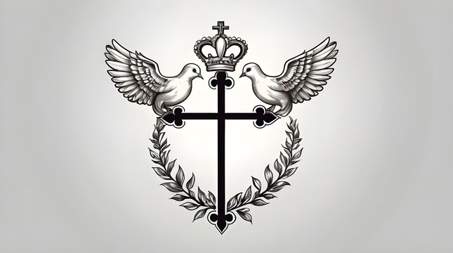 Holy Trinity symbols. Cross, crown and dove of Holy Spirit. Christian symbols against white background. Vector illustration.