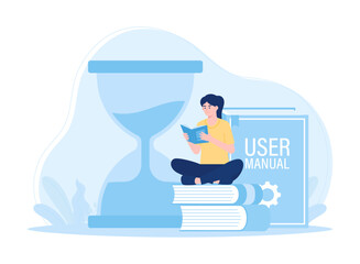 Time management women learn from books concept flat illustration