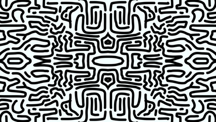 This captivating image features an abstract maze-like pattern rendered in bold black lines against a white background. The design is highly intricate, with a symmetrical composition that draws the eye