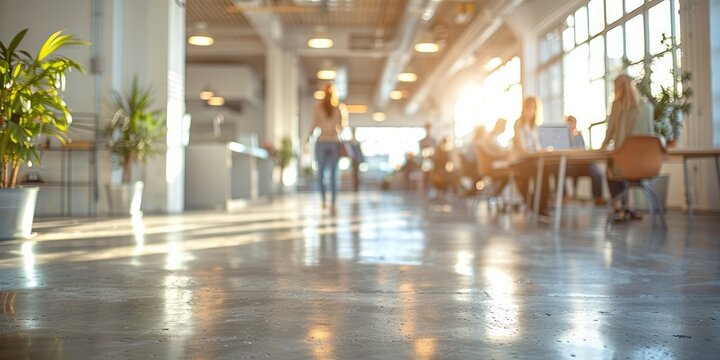 Blurred office space with people working in an open plan.