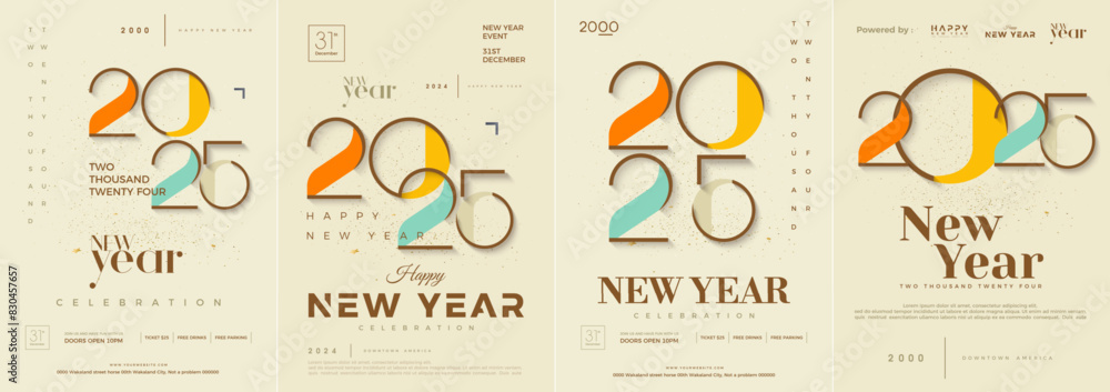 Poster set of happy new year covers 2025. classic design with colorful numbers. premium vector background n