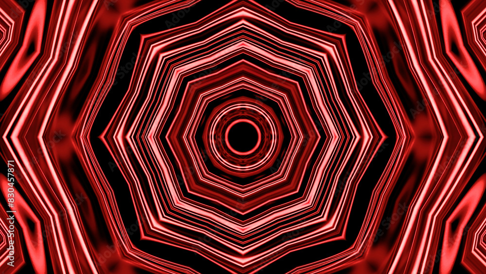 Poster abstract red lights kaleidoscopic animation. design. spreading circular patter with a star.