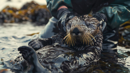 Hazardous chemical waste in the water. A rescuer pulls a sea otter out of the oil. The concept of volunteering. Ocean pollution
