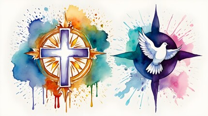 Holy Trinity symbols. Cross, crown and dove of Holy Spirit. Watercolor christian symbols against white background. Vector illustration.