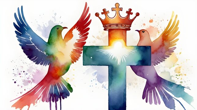 Holy Trinity symbols. Cross, crown and dove of Holy Spirit. Watercolor christian symbols against white background. Vector illustration.